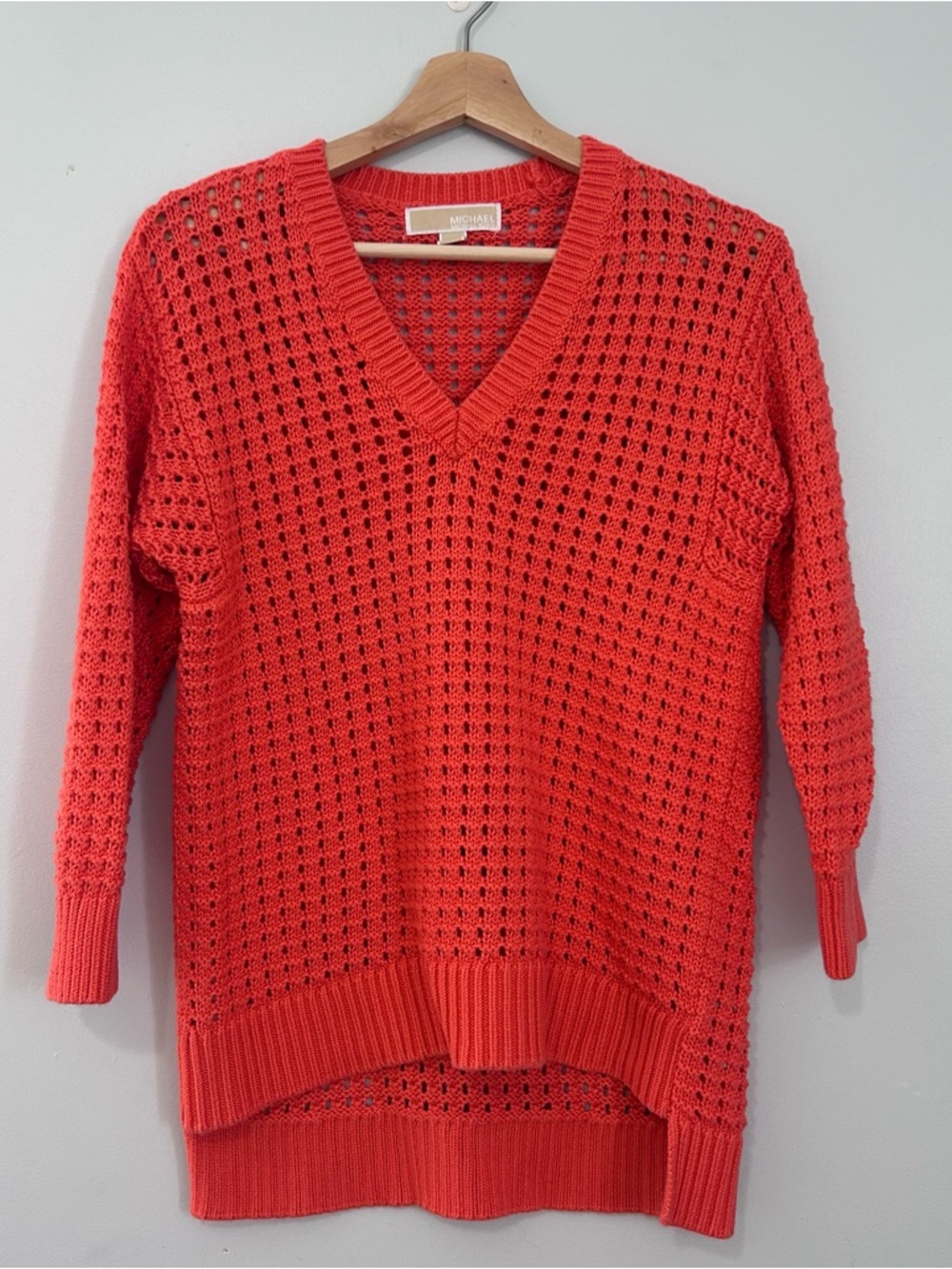 Michael Kors Open-Knit V-Neck Sweater in Red Coral M